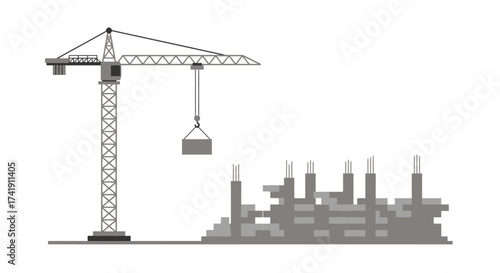 Yellow construction crane lifting heavy load over unfinished building site showing industrial infrastructure development isolated on white background