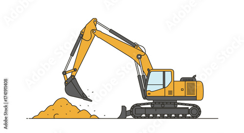 Heavy duty yellow excavator digging and moving soil with tracks and bucket detailed construction machinery on isolated on white background