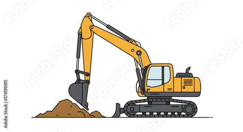 Yellow excavator machine digging soil construction equipment heavy duty machinery industrial vehicle for earth moving projects and site development isolated on white background