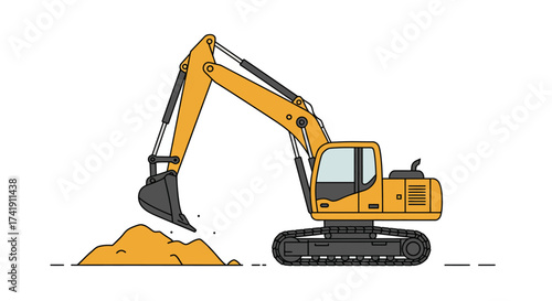 Yellow excavator machine digging sand pile construction site heavy equipment industrial machinery working outdoors heavy duty vehicle action outdoor scene isolated on white background