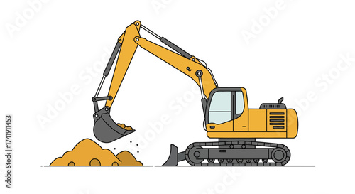 Heavy yellow excavator with a large bucket digging into a pile of earth construction machinery at work industrial equipment site development. isolated on white background