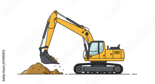 Heavy duty yellow excavator digging in soil for construction and industrial projects with detailed tracks and bucket isolated on white background