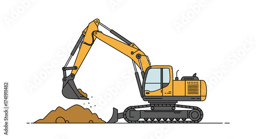 Heavy yellow excavator machine digging earth for construction and industrial site development with a detailed realistic depiction. isolated on white background