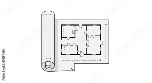 Architectural blueprint unfurled showing floor plan layout design and construction plans for real estate and property development projects isolated on white background