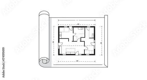 Architectural floor plan blueprint roll drawing for modern house design construction blueprint plans and schematics blueprint architectural drawing concept isolated on white background