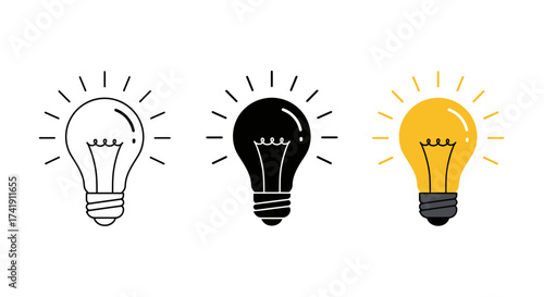 Three light bulb icons showing invention idea concept silhouette and realistic styles on white isolated on white background