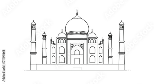 Outline drawing of the taj mahal a famous mausoleum and unesco world heritage site in agra india an architectural marvel captured in simple black and white lines isolated on white background