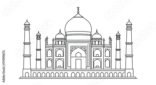 Iconic taj mahal monument architectural outline sketch famous agra india landmark historic mughal architecture landmark design isolated on white background