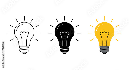 Set of three classic light bulb icons in outline sketch filled black and glowing yellow symbolizing ideas innovation and creativity on isolated on white background