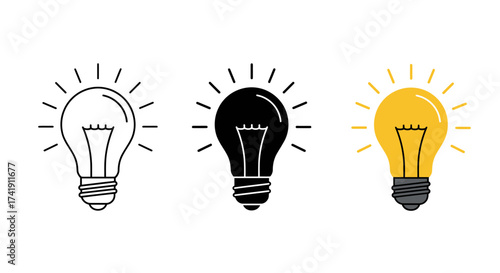 Conceptual creative ideas lightbulb icons set representing innovation and inspiration in three distinct styles isolated on white background
