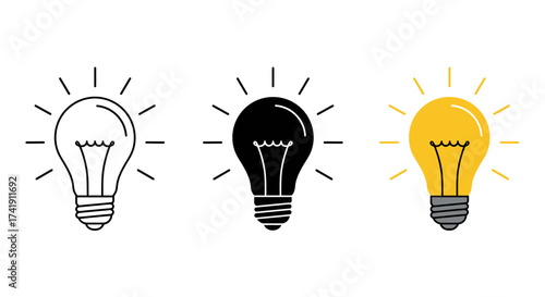 Set of three light bulb icons representing ideas innovation creativity and bright concepts as simple line art silhouette and color graphics isolated on white background