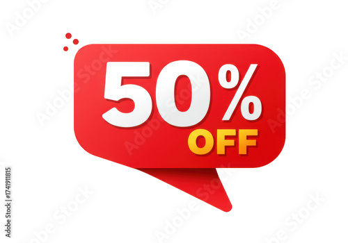 Bright red 50 percent off sale discount tag with white text announcement isolated on transparent background