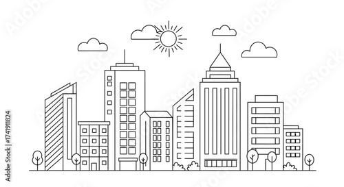 Modern city skyline sketch with sun and clouds in a declarative style for architectural design and urban planning concepts isolated on white background