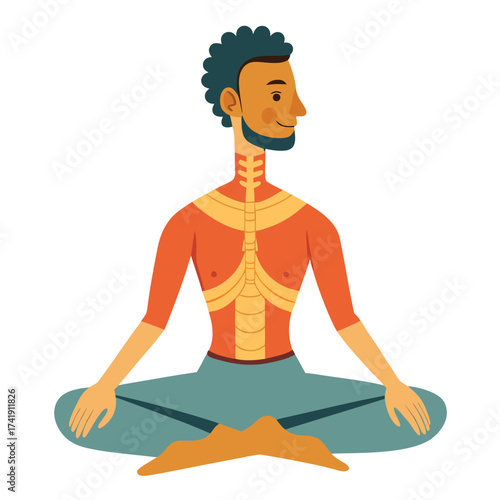 Calm male in a seated spinal twist, demonstrating a yoga pose for flexibility, back health, and muscle release.