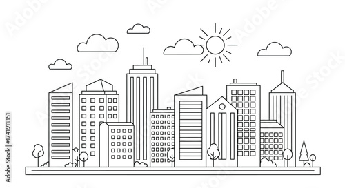 Artistic sketch of a bustling cityscape with tall skyscrapers clouds and a radiant sun a monochrome representation of urban life isolated on white background