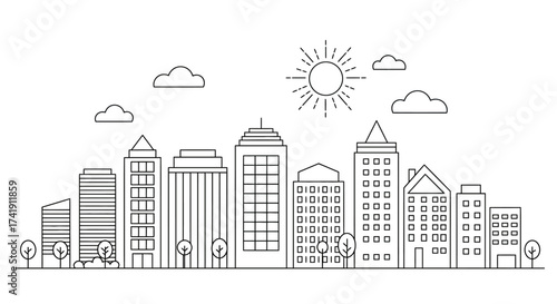 Modern cityscape silhouette black and white line art buildings and skyscrapers under a bright sunny sky with clouds isolated on white background