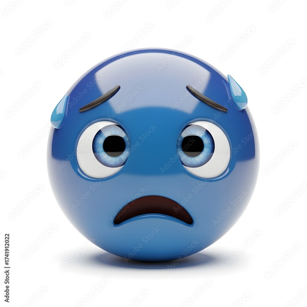 Fototapeta premium Worried blue emoji isolated on white background showing a feeling of anxiety