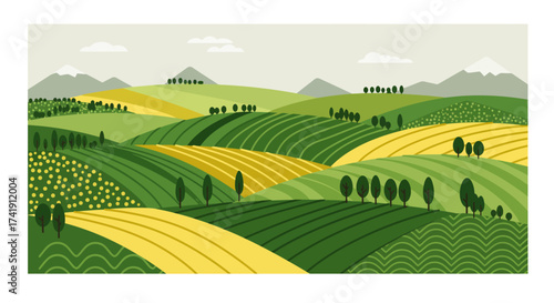 Vibrant rolling farmland landscape with cultivated fields under a gentle sky rural scenery agricultural beauty isolated on white background