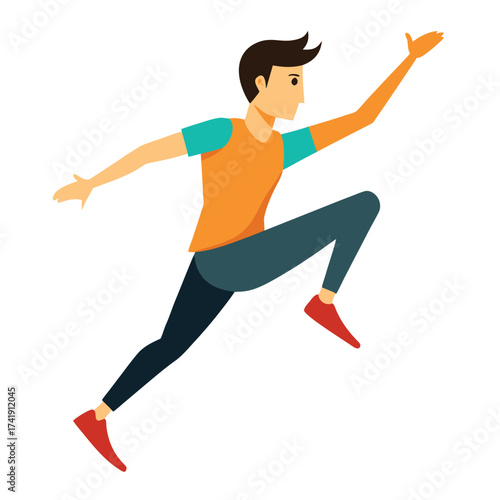 Energetic man doing a jumping jack motion, performing a full-body cardio and calisthenics exercise workout.