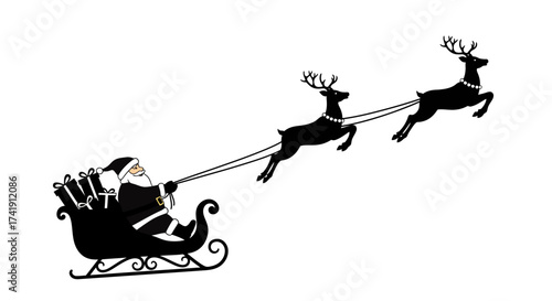 Silhouette of santa claus in a sleigh pulled by reindeer flying through the night sky festive christmas transportation celebration isolated on white background