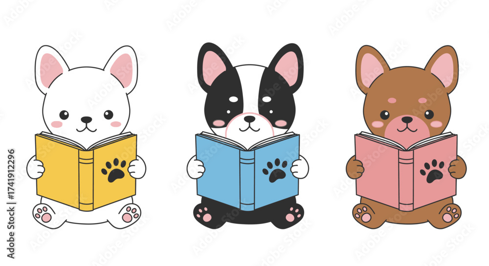 Fototapeta premium Adorable french bulldog puppies and chihuahua engaged in reading books adorable canine companionship and intellectual pursuits depicted in delightful whimsical art isolated on white background