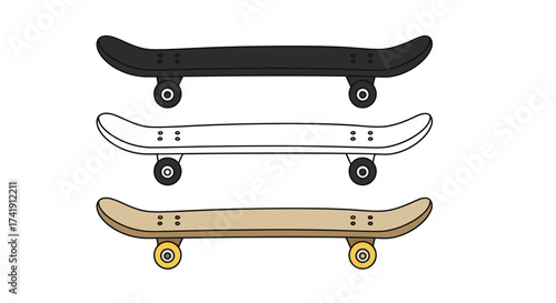 Three different skateboard designs showcase variety and style ready for action sports enthusiasts and creative projects isolated on white background
