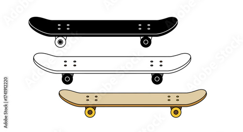 Three skateboards ready for action black white and natural wood deck options for extreme sports and street culture isolated on white background