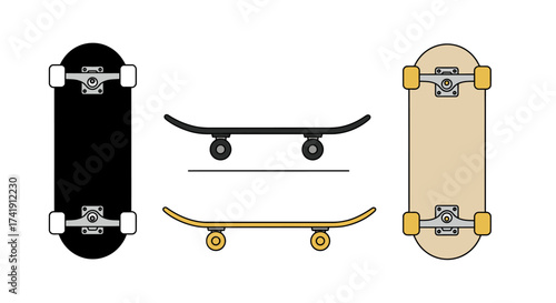 Collection of diverse skateboards front back and side views for sports and extreme recreation designs isolated on white background