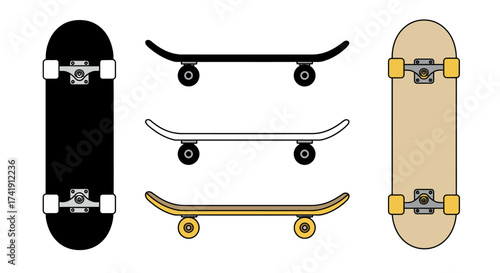 Set of skateboards in various styles and colors top view and side view isolated on for extreme sports and urban culture isolated on white background