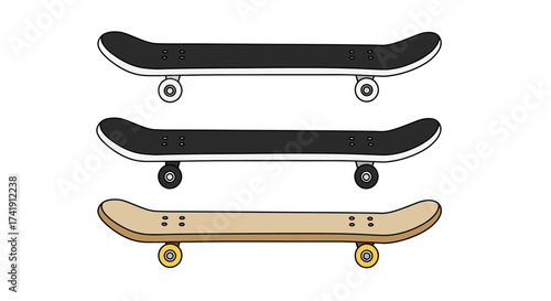 Three skateboards isolated on ready for action extreme sports equipment and urban lifestyle imagery isolated on white background