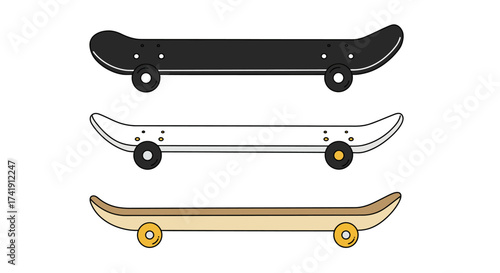 Three skateboards lined up with different styles and colors representing urban street sport and outdoor recreation activities isolated on white background
