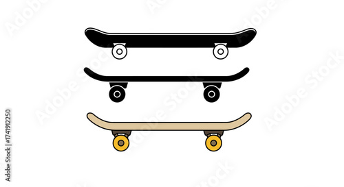 Collection of three skateboards in different colors and styles for extreme sports and urban lifestyle photography showcasing design variety. isolated on white background