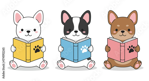 Adorable french bulldog and chihuahua puppies sitting and reading books cute adorable puppy characters learning and education concept for children isolated on white background