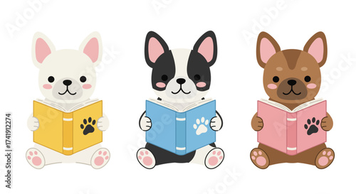 Three adorable cartoon french bulldogs and chihuahua pups sitting and reading books creating a whimsical and charming scene for educational or pet-themed content isolated on white background