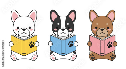 Three adorable french bulldogs reading books enjoying literature with paw prints on covers whimsical canine companionship education theme isolated on white background