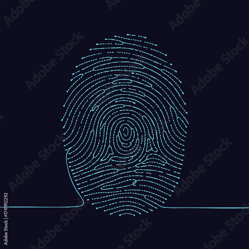 Abstract fingerprint pattern composed of glowing lines on a dark emphasizing biometric security