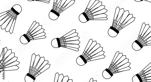 Seamless pattern of hand-drawn badminton shuttlecocks in outline style for sports and recreation graphics isolated on white background