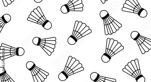 Seamless pattern of hand-drawn badminton shuttlecocks scattered across a clean white surface for sports and recreation graphics isolated on white background