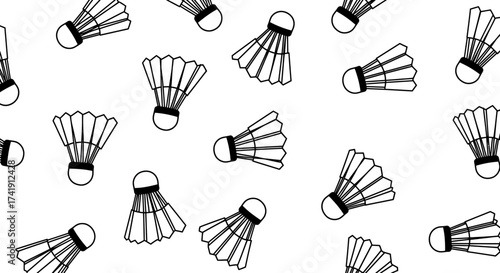 Seamless pattern of hand drawn badminton shuttlecocks scattered across a for sport and recreation themes isolated on white background