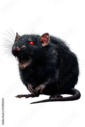 Fierce black rat with glowing red eyes and bared teeth ready to pounce, conveying danger and intimidation for horror or warning themes. Perfect for Halloween Designs