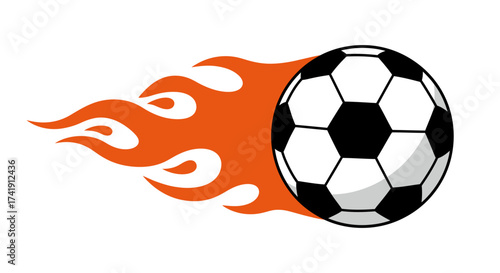 Dynamic soccer ball ignites with flames and motion trails capturing intense sports action and athletic energy for digital and print designs isolated on white background