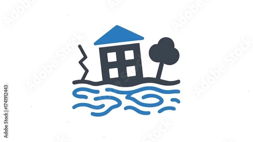 House and tree in a flood animation icon.