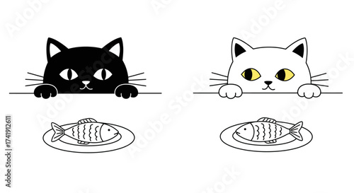 Two adorable kittens peeking over a line with plates of fish below symbolizing playful curiosity and food anticipation for cute pet content isolated on white background