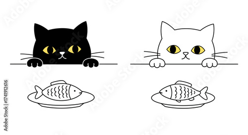 Playful cute kittens black and white peeking over edge with delicious fish dinner temptation adorable pets food concept isolated on white background