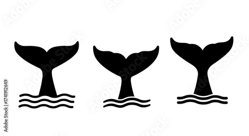Majestic humpback whale tail flukes emerging from wavy ocean waters stylized silhouette icons for nautical or marine themed designs isolated on white background