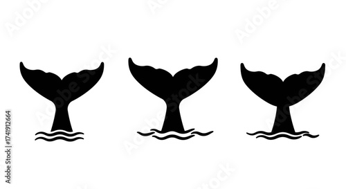 Three silhouetted whale tails emerging from textured water waves creating abstract marine art isolated on white background