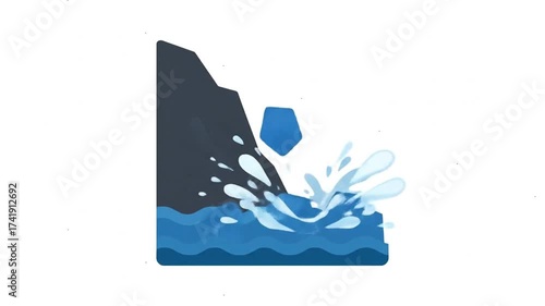 Cliff landslide into the ocean animation icon.
