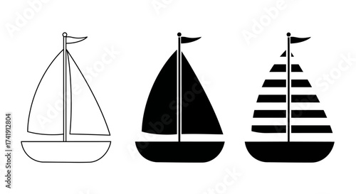 Three distinct sailboat designs showing outline silhouette and striped patterns symbolizing nautical adventure and maritime travel isolated on white background