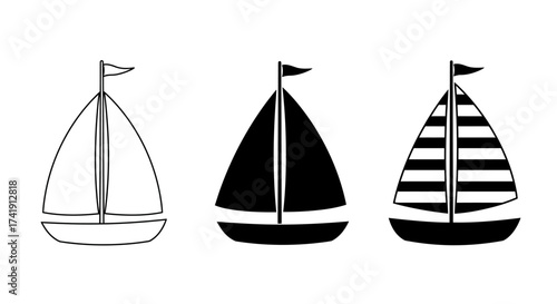 Three distinct sailboat designs hand-drawn style showing nautical transportation and maritime adventure concepts isolated on white background