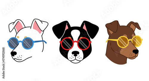 Three adorable dog faces wearing stylish sunglasses representing diverse breeds and personalities captured in a fun and artistic portrait perfect for pet-themed designs isolated on white background